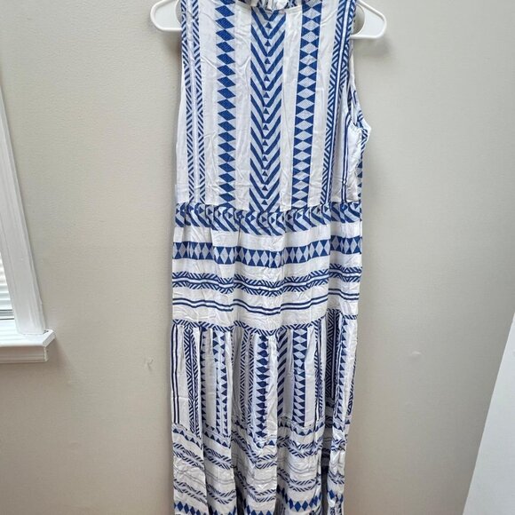Blue & White Boho Maxi Dress – Tassel Tie Neck. - Picture 6 of 6